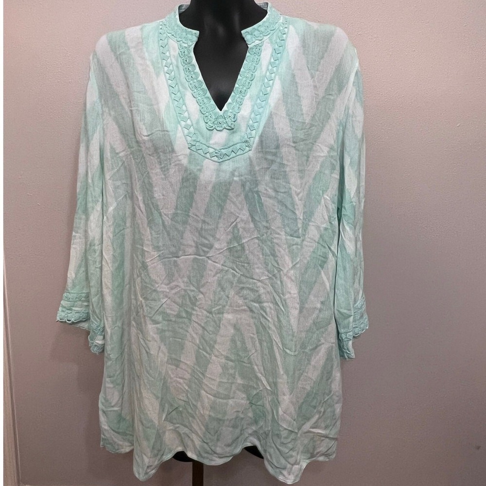 Multiples Womens‎ Sz 1X Sheer Tunic Top CoverUp Gr/Wt Trim Beach Vacation Coatal